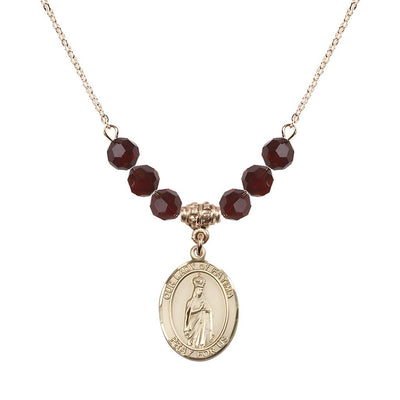 Our Lady of Fatima Gold-filled 6mm Garnet Beaded Necklace, Measures 3/4 inch tall by 1/2-inch wide, Gift Box, Bliss Manufacturing