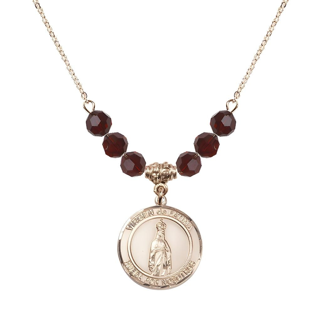 Bliss Virgen de Fatima Round 14kt Gold-filled 6mm Garnet Beaded Necklace, Measures 3/4 inch tall by 1/2-inch wide, Gift Box