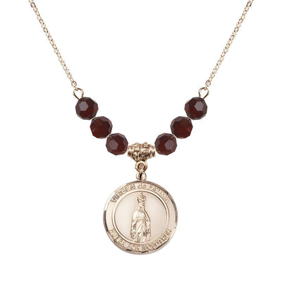 Virgen de Fatima Round 14kt Gold-filled 6mm Garnet Beaded Necklace, Measures 3/4 inch tall by 1/2-inch wide, Gift Box, Bliss Manufacturing