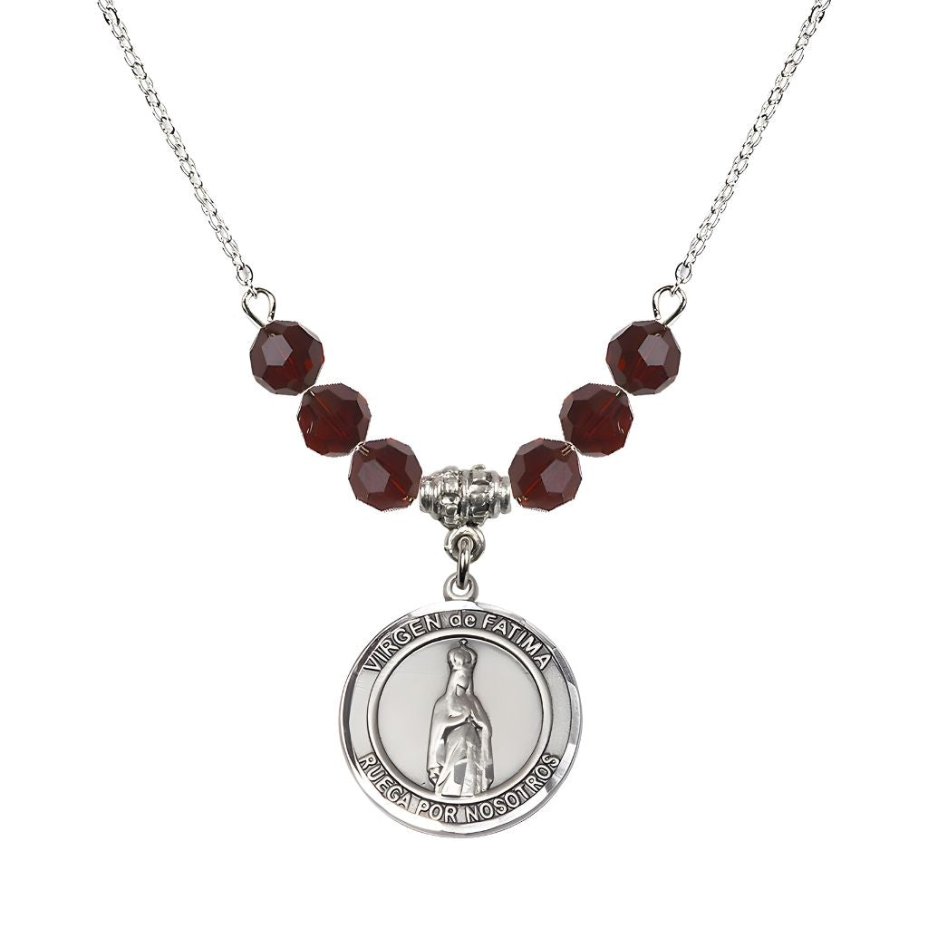 Bliss Virgen de Fatima Round Sterling Silver 6mm Garnet Beaded Necklace, Measures 3/4 inch tall by 1/2-inch wide, Gift Box