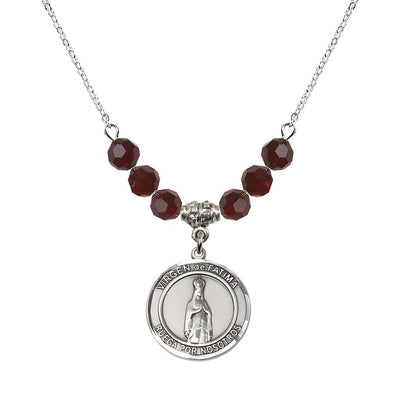 Virgen de Fatima Round Sterling Silver 6mm Garnet Beaded Necklace, Measures 3/4 inch tall by 1/2-inch wide, Gift Box, Bliss Manufacturing