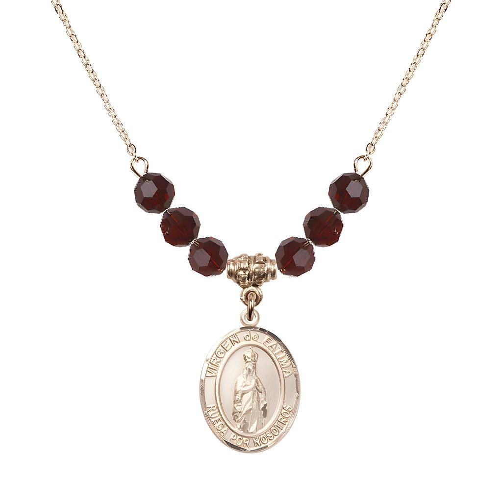 Bliss Virgen de Fatima 14kt Gold-filled 6mm Garnet Beaded Necklace, Measures 3/4 inch tall by 1/2-inch wide, Gift Box