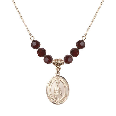 Virgen de Fatima 14kt Gold-filled 6mm Garnet Beaded Necklace, Measures 3/4 inch tall by 1/2-inch wide, Gift Box, Bliss Manufacturing