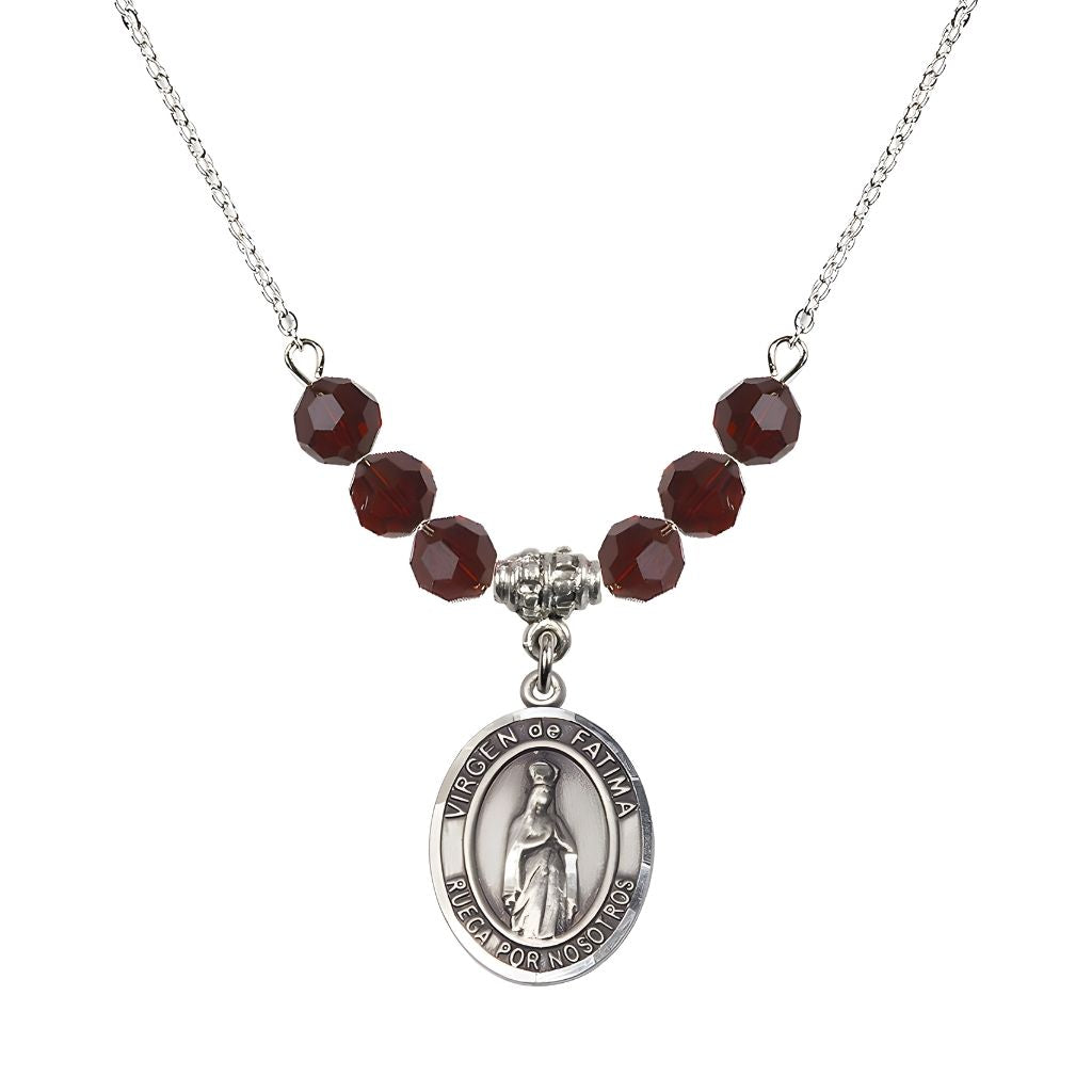 Bliss Virgen de Fatima Oval Sterling Silver 6mm Garnet Beaded Necklace, Measures 3/4 inch tall by 1/2-inch wide, Gift Box