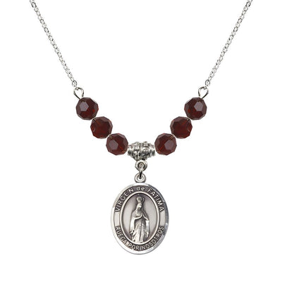 Virgen de Fatima Oval Sterling Silver 6mm Garnet Beaded Necklace, Measures 3/4 inch tall by 1/2-inch wide, Gift Box, Bliss Manufacturing