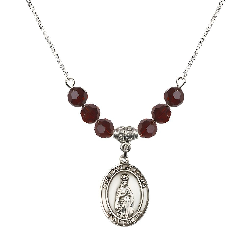 Bliss Our Lady of Fatima Sterling Silver 6mm Garnet Beaded Necklace, Measures 3/4 inch tall by 1/2-inch wide, Gift Box