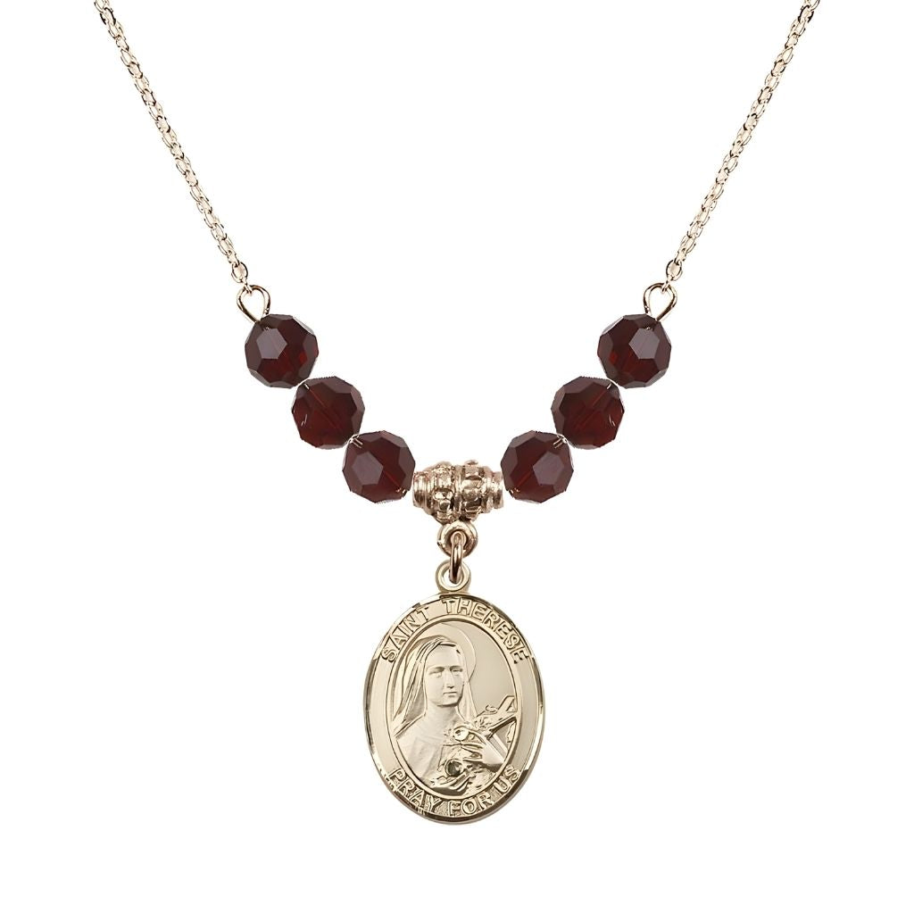 Bliss St. Therese of Lisieux Gold-filled Birthstone Necklace with 6mm Austrian crystal in garnet beads