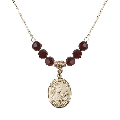 St. Therese of Lisieux Gold-filled Birthstone Necklace with 6mm Austrian crystal in garnet beads, Bliss Manufacturing