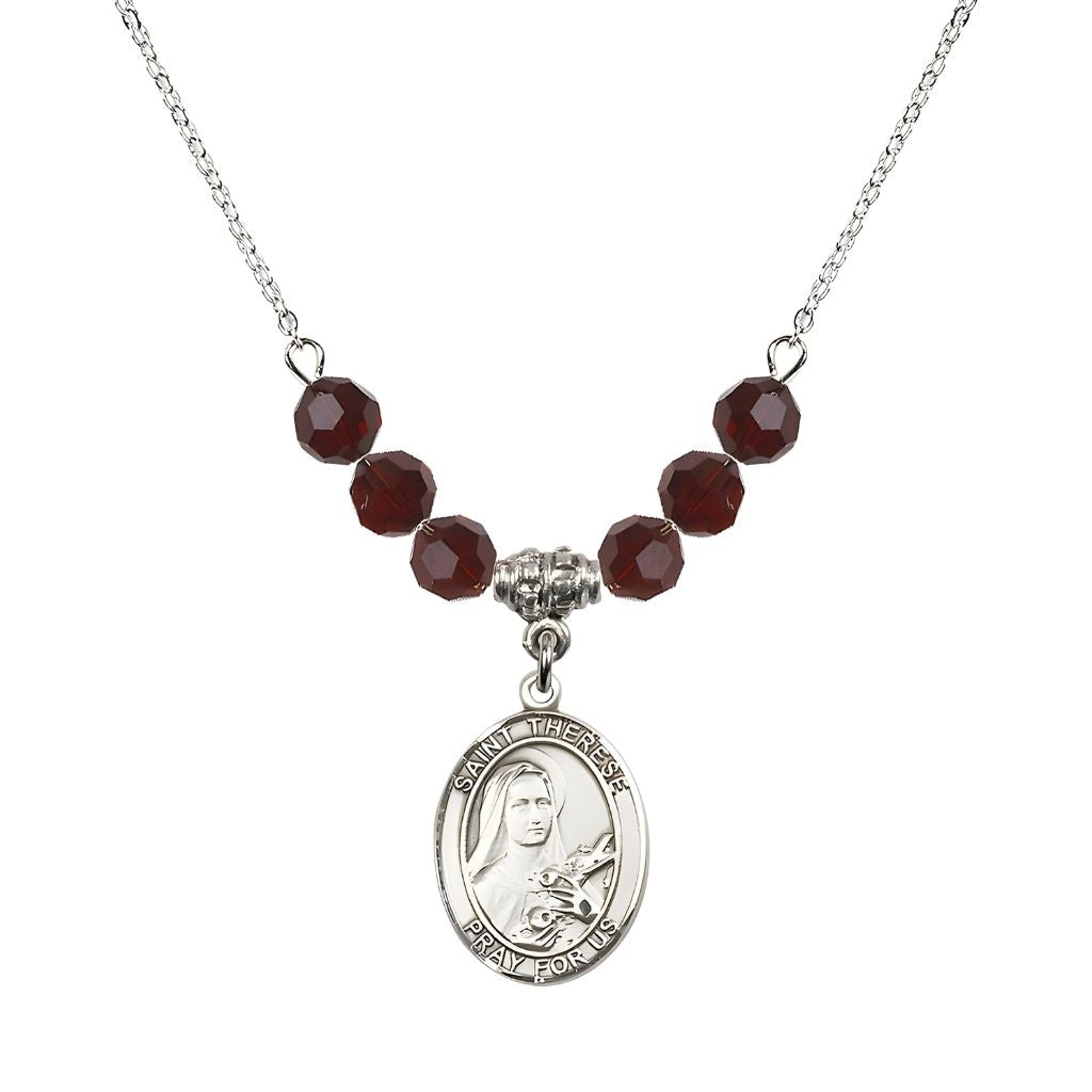 Bliss St. Therese of Lisieux Sterling Silver Medal and Birthstone 6mm Garnet Crystal Necklace