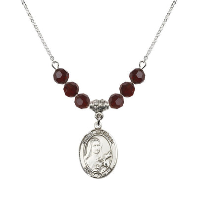 St. Therese of Lisieux Sterling Silver Medal and Birthstone 6mm Garnet Crystal Necklace, Bliss Manufacturing