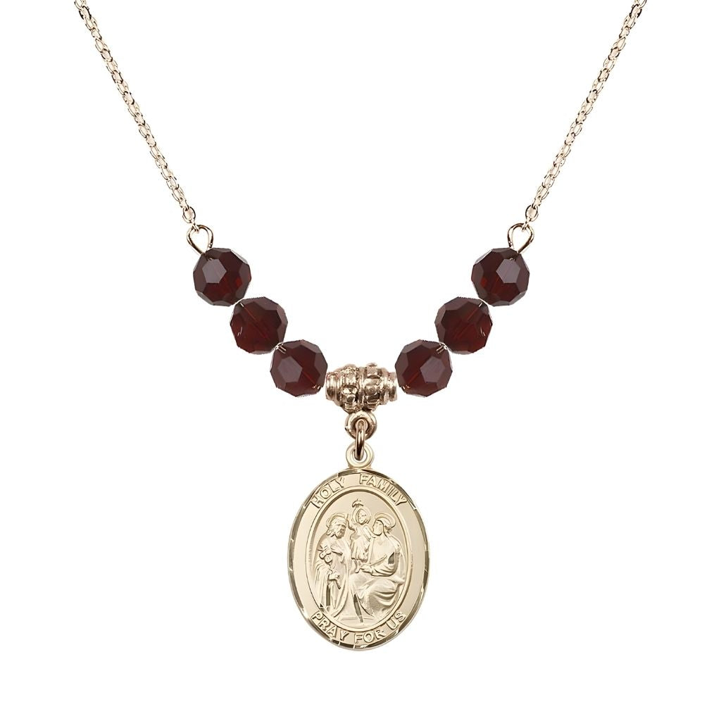 Bliss Holy Family Beaded Necklace with Gold-filled Medal, 6mm Austrian Crystal Garnet Beads for January