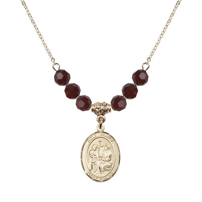 Holy Family Beaded Necklace with Gold-filled Medal, 6mm Austrian Crystal Garnet Beads for January, Bliss Manufacturing