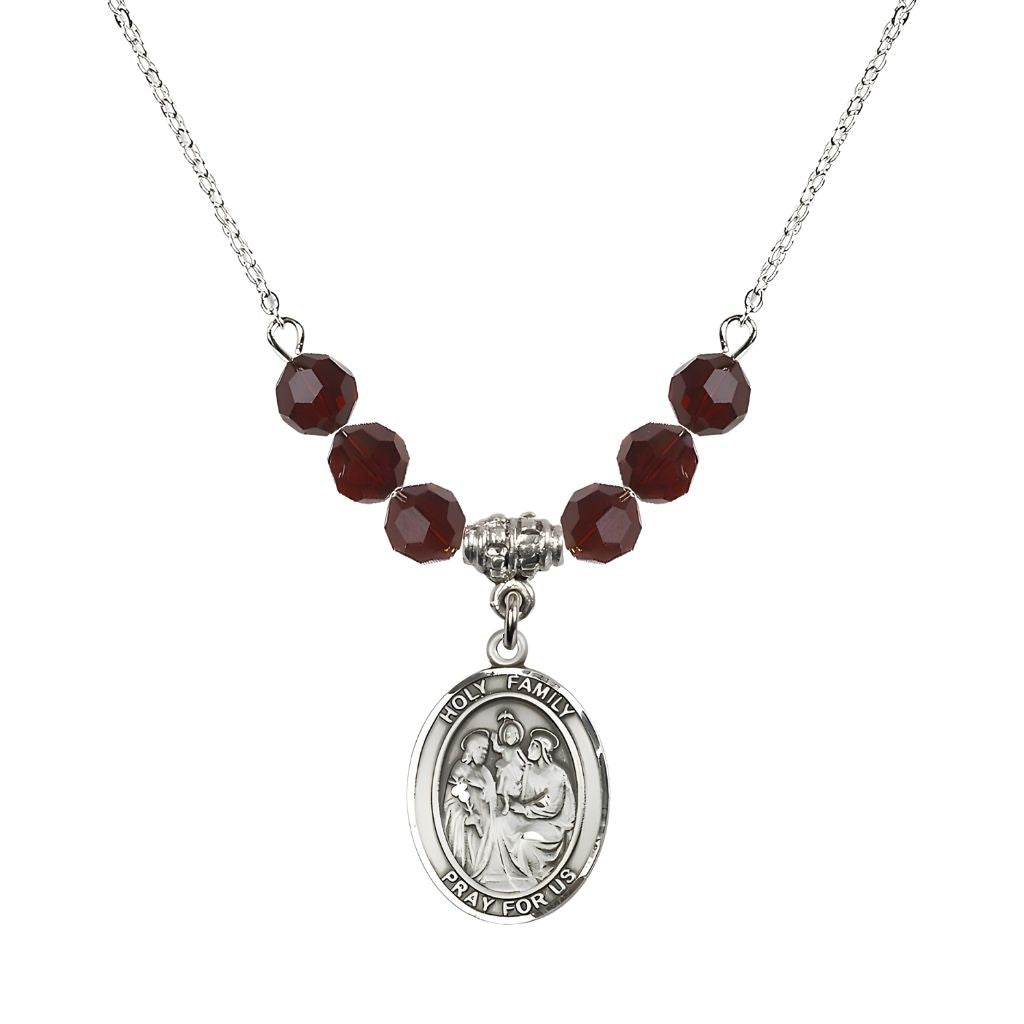 Bliss Holy Family Beaded Necklace with Sterling Silver Medal, 6mm Austrian Crystal Garnet Beads for January