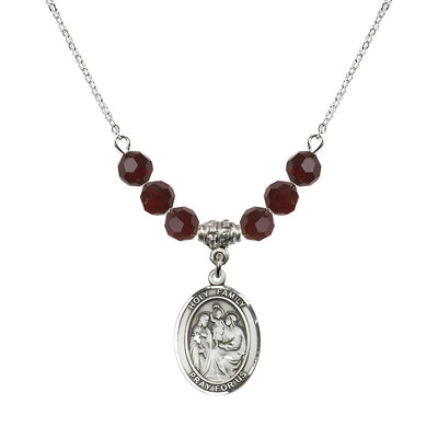 Holy Family Beaded Necklace with Sterling Silver Medal, 6mm Austrian Crystal Garnet Beads for January, Bliss Manufacturing