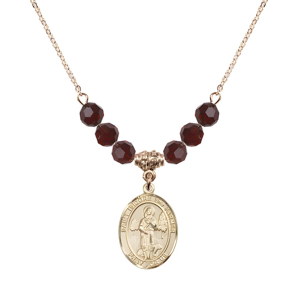 Bliss St. Isidore the Farmer Oval 14kt Gold-filled 6mm Garnet Austrian Crystal Beaded Necklace, Measures 3/4 inch tall by 1/2-inch wide, Gift Box.