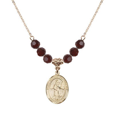 St. Isidore the Farmer Oval 14kt Gold-filled 6mm Garnet Austrian Crystal Beaded Necklace, Measures 3/4 inch tall by 1/2-inch wide, Gift Box, Bliss Manufacturing