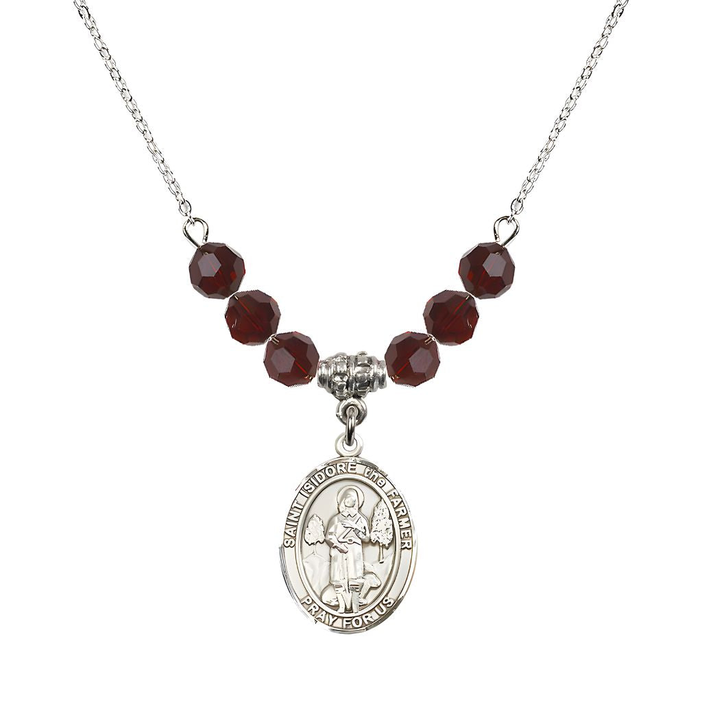 Bliss St. Isidore the Farmer Oval Sterling Silver 6mm Garnet Austrian Crystal Beaded Necklace, Measures 3/4 inch tall by 1/2-inch wide, Gift Box.