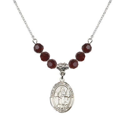 St. Isidore the Farmer Oval Sterling Silver 6mm Garnet Austrian Crystal Beaded Necklace, Measures 3/4 inch tall by 1/2-inch wide, Gift Box, Bliss Manufacturing