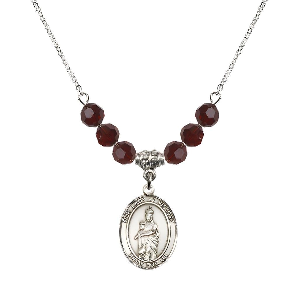 Bliss Our Lady of Victory Sterling Silver 6mm Garnet Austrian Crystal Beaded Necklace with Plated Chain