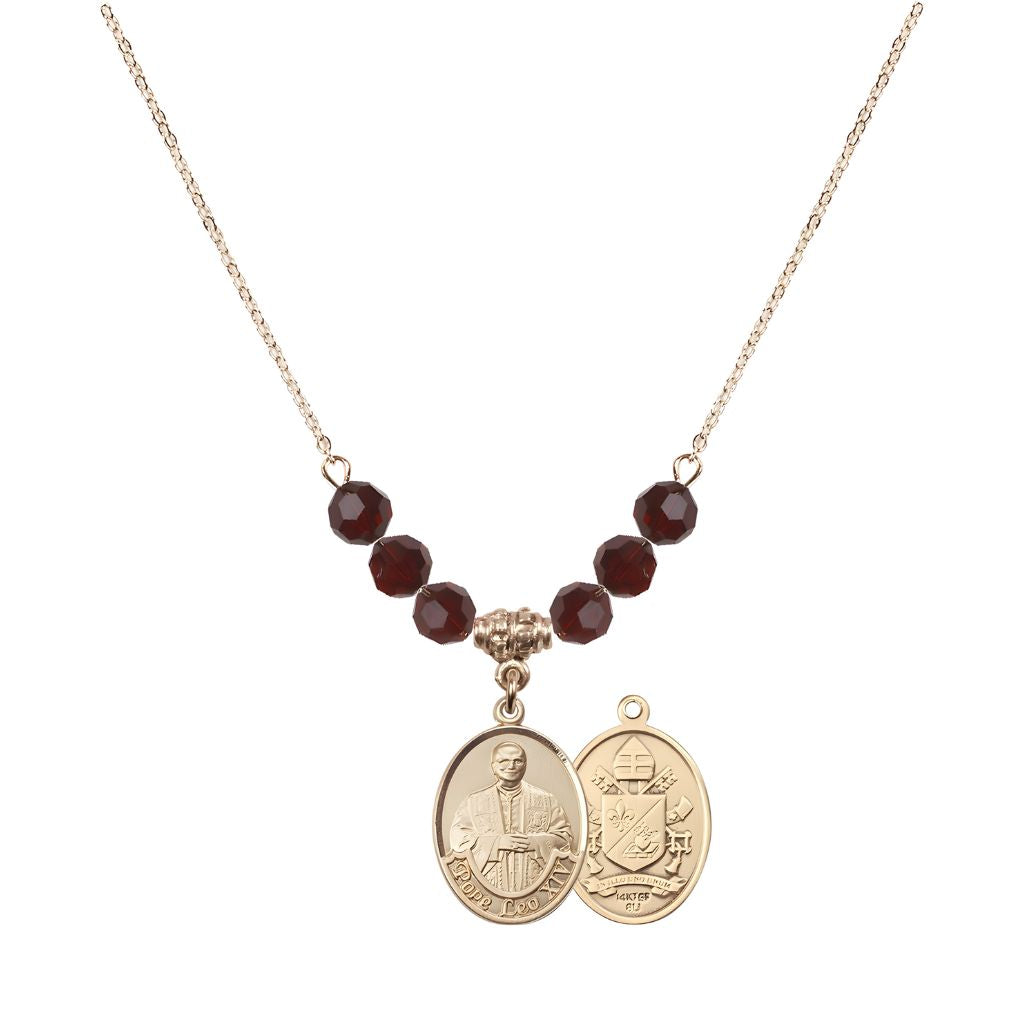 Bliss Pope Leo XIV Beaded Necklace with Gold-filled Medal, 6mm Austrian Crystal Garnet Beads for January