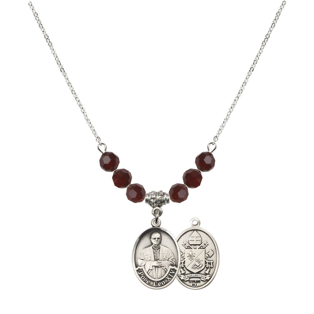 Bliss Pope Leo XIV Crystal Sterling Silver Medal Beaded Necklace with Garnet Crystal Beads,