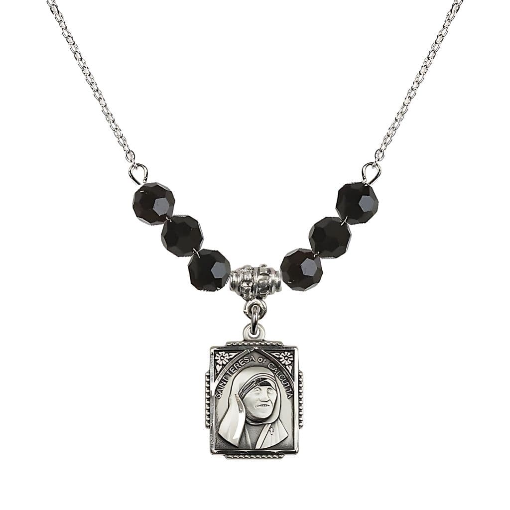 Bliss St. Teresa of Calcutta Square Sterling Silver Jet Crystal Birthstone Necklace,