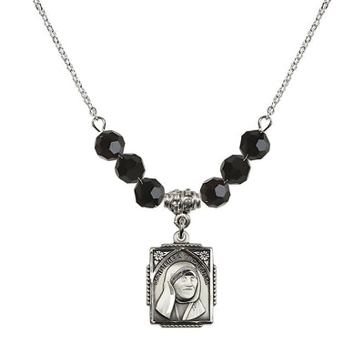 St. Teresa of Calcutta Square Sterling Silver Jet Crystal Birthstone Necklace, Bliss Manufacturing