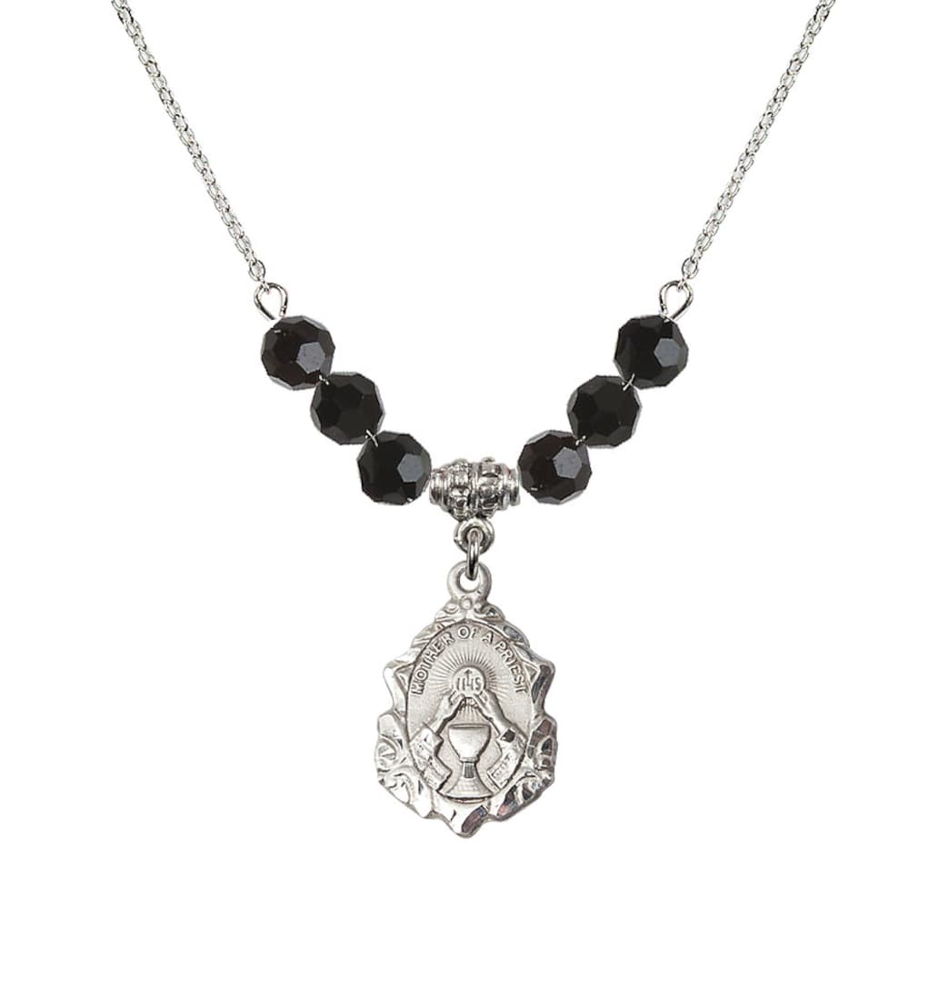 Bliss Sterling Silver Mother of a Priest 6mm Jet Black Crystal Beaded Necklace,