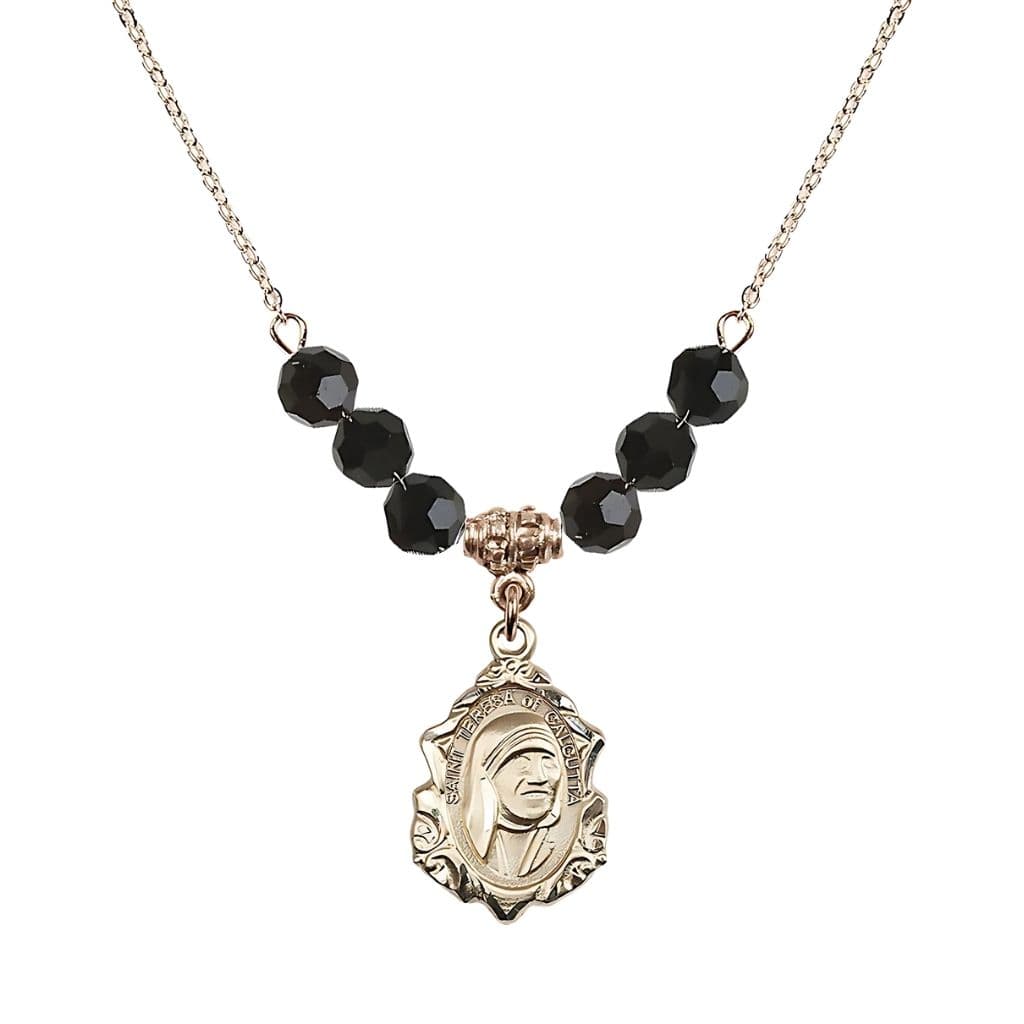 Bliss St. Teresa of Calcutta 14kt Gold-filled Crystal Birthstone Necklace with 6mm Black Jet Crystal Beads