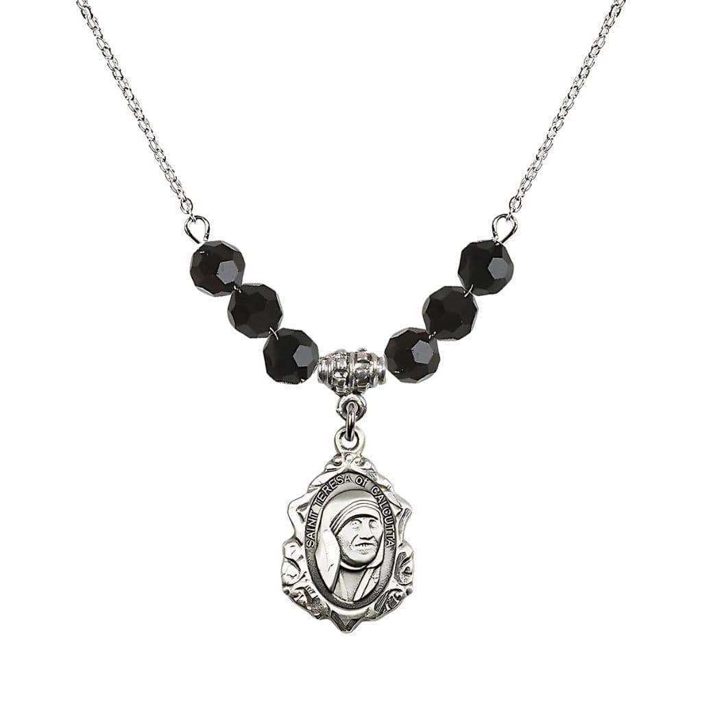 Bliss St. Teresa of Calcutta Sterling Silver Crystal Birthstone Necklace with 6mm Jet Crystal Beads