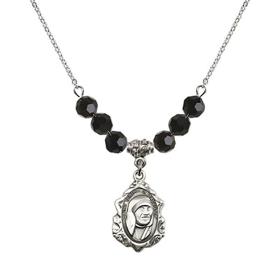 St. Teresa of Calcutta Sterling Silver Crystal Birthstone Necklace with 6mm Jet Crystal Beads, Bliss Manufacturing