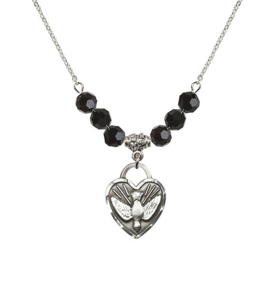 Dove Confirmation Heart Medal with 6mm Jet Crystal Bead Necklace, 3/4 inch tall by 5/8 inch wide, Bliss Manufacturing