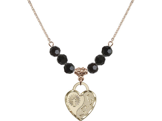 Bliss Manufacturing Gold-filled Footprints Heart 6mm Beaded Necklace in Jet,