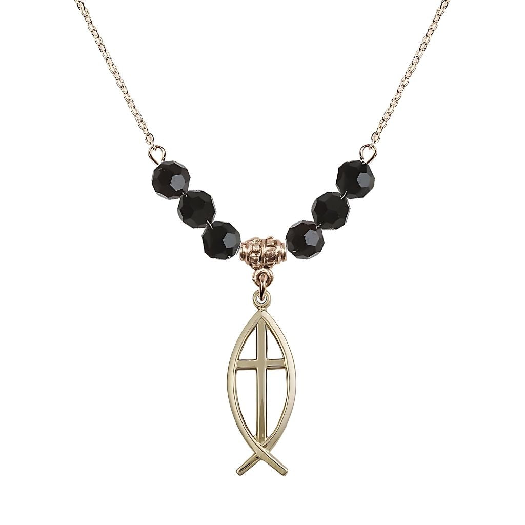 Bliss Fish Cross Crystal Jet Birthstone Necklace with 18" Chain, Medal 1",
