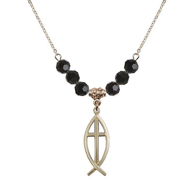 Fish Cross Crystal Jet Birthstone Necklace with 18" Chain, Medal 1", Bliss Manufacturing
