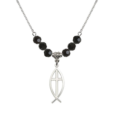 Fish Cross Crystal Birthstone Necklace with 18-inch Chain in Jet, Medal 1 inch tall by 3/8 inch wide, Bliss Manufacturing