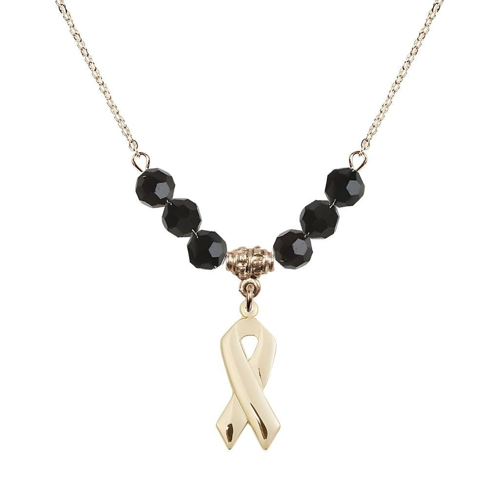 Bliss 14kt Gold-filled Cancer Awareness Ribbon Jet Birthstone Crystal Beaded Necklace, Charm Measures 7/8 inch tall by 3/8 inch wide