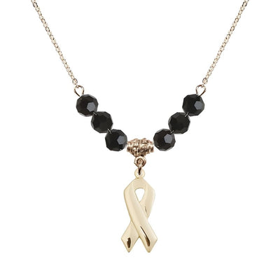14kt Gold-filled Cancer Awareness Ribbon Jet Birthstone Crystal Beaded Necklace, Charm Measures 7/8 inch tall by 3/8 inch wide, Bliss Manufacturing