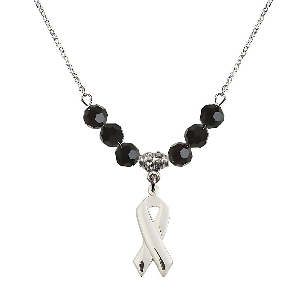 Bliss Sterling Silver Cancer Awareness Ribbon Jet Birthstone Crystal Beaded Necklace, Charm Measures 7/8 inch tall by 3/8 inch wide