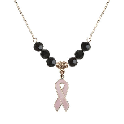 Gold-filled Breast Cancer Awareness Pink Ribbon Jet Crystal Beaded Necklace, Measures 7/8-inch tall by 1/4-inch wide, Bliss Manufacturing