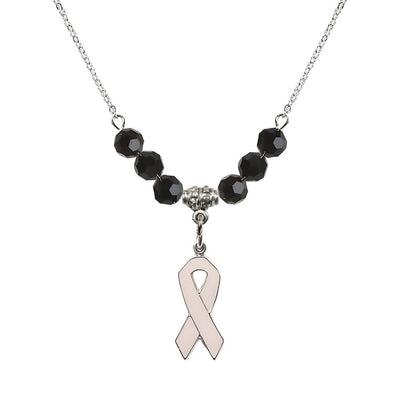 Sterling Silver Breast Cancer Awareness Pink Ribbon Jet Crystal Beaded Necklace, Measures 7/8-inch tall by 1/4-inch wide, Bliss Manufacturing