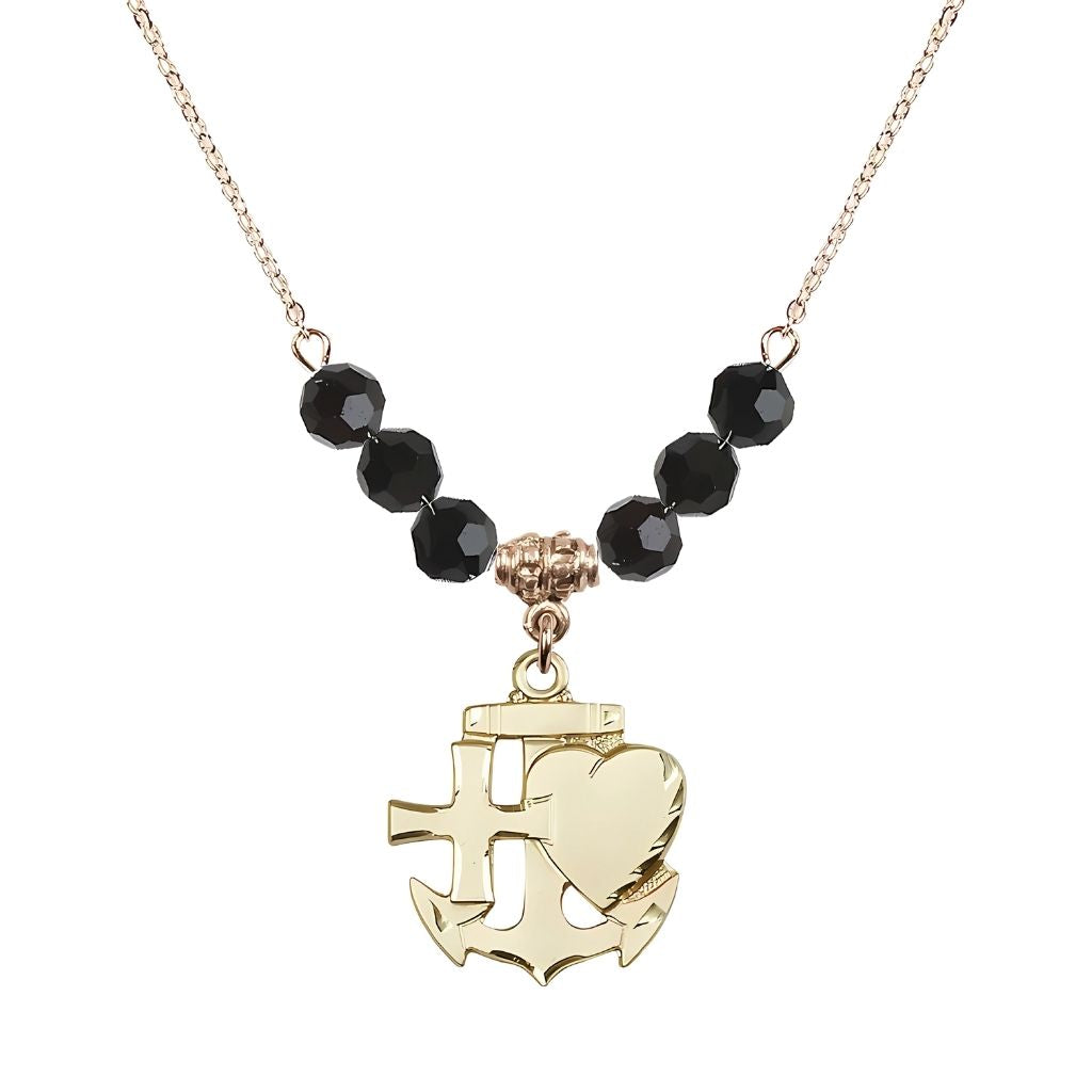 Bliss Christian Faith, Hope and Charity Gold-filled 6mm Jet Crystal Birthstone Necklace