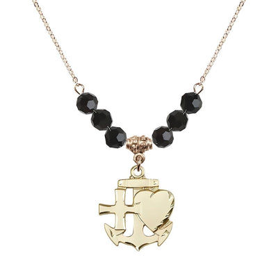 Christian Faith, Hope and Charity Gold-filled 6mm Jet Crystal Birthstone Necklace, Bliss Manufacturing