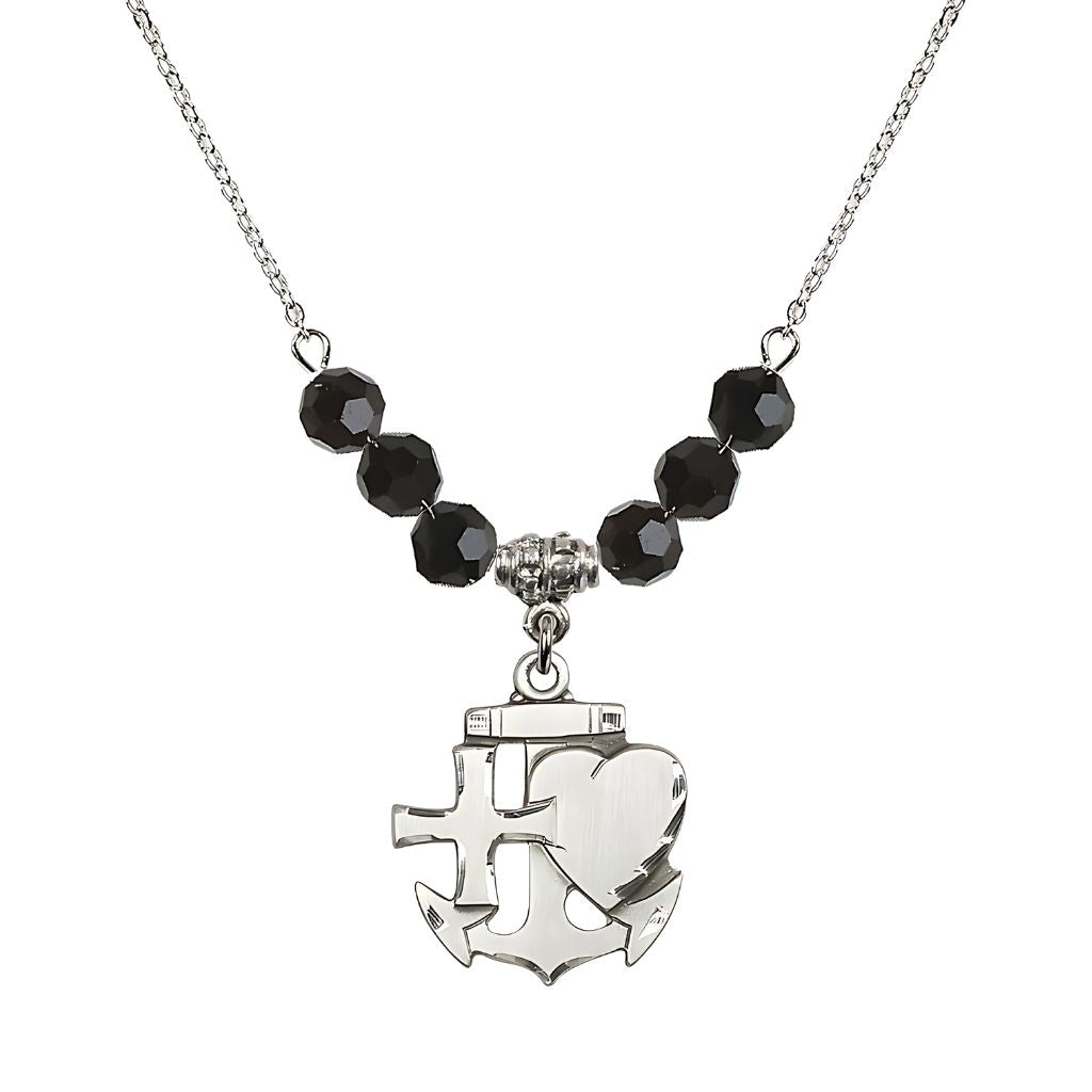 Bliss Christian Faith, Hope and Charity Sterling Silver 6mm Jet Crystal Birthstone Necklace, Medal Measures 7/8-inch tall by 3/4-inch wide