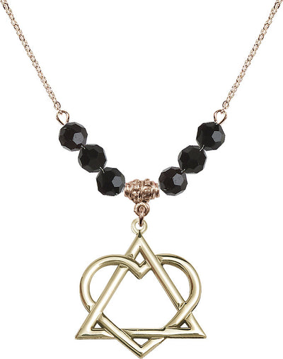 Hamilton Gold Plated Necklace with 6mm Jet Crystal Beads featuring a 14kt Gold Filled Adoption Heart, Bliss Manufacturing