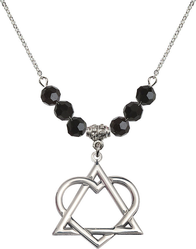 18" Necklace with 6mm Jet Crystal Beads featuring a Sterling Silver Adoption Heart Medal,