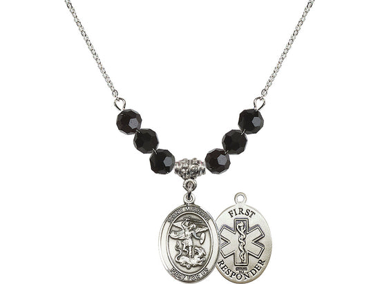 Bliss 1st Responder St Michael Sterling Silver Beaded Necklace in Jet,