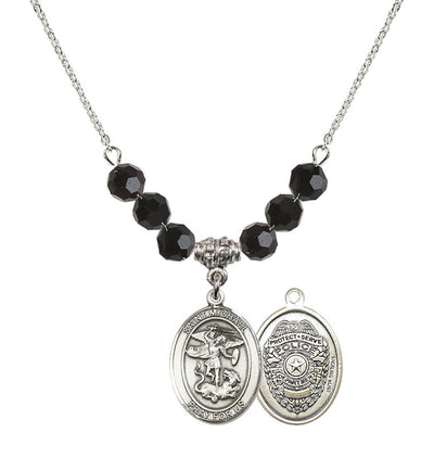 Police Officers St. Michael Sterling Silver 6mm Jet Crystal Beaded Necklace, Measures 3/4 inch tall by 1/2-inch wide, Gift Box, Bliss Manufacturing