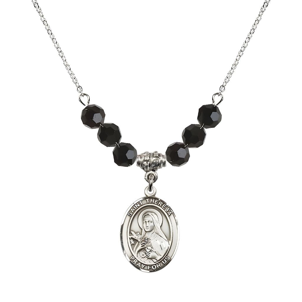 Bliss St. Theresa Sterling Silver Crystal Necklace, handcrafted in the USA, Birthstone 6mm Austrian Crystals in Jet