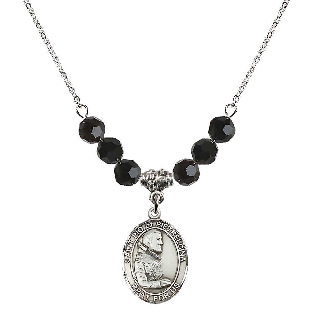 Bliss Sterling Silver St. Padre Pio of Pietrelcina Jet Crystal Birthstone Necklace